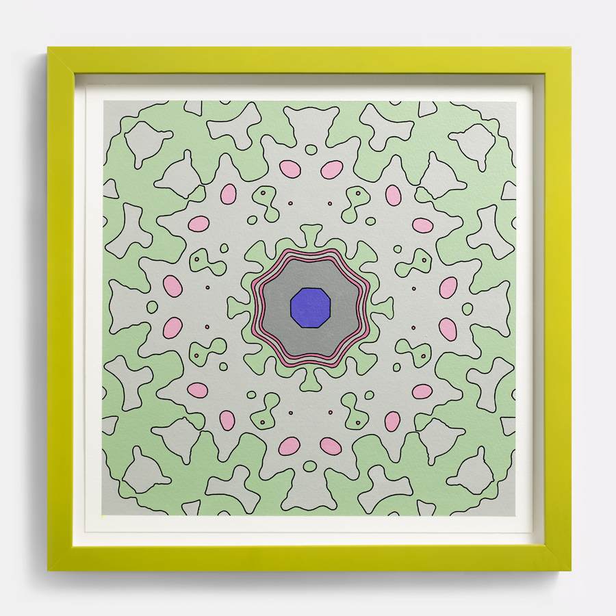 <br/>Arnica Violet Mandrel, 2012<br/>15" x 15" framed<br/>acrylic and ink on paper with painted frame